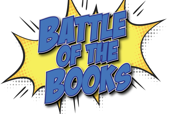 battle of the books image with super hero star background